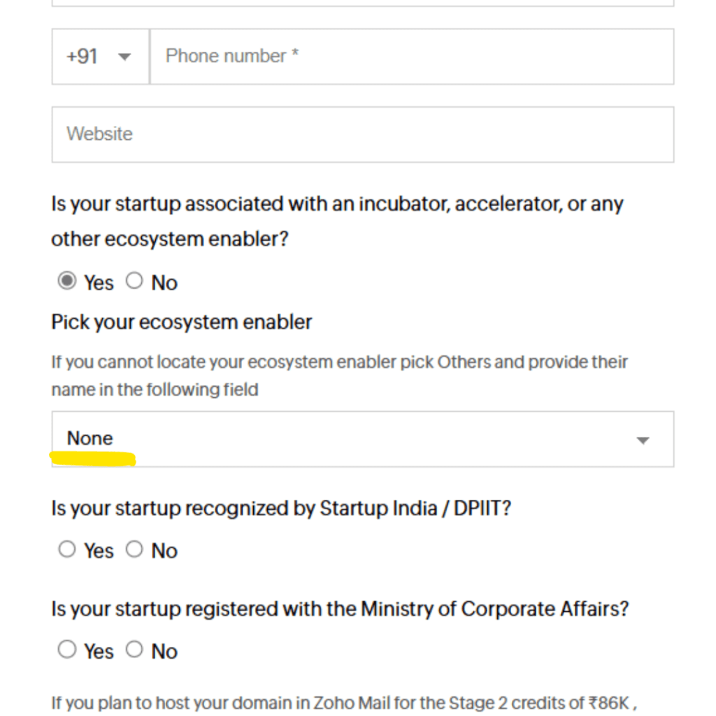 Step 2 of how entrepreneurs can register to Zoho Startup Credits via Foreteach. By selecting Foreteach from Dropdown.