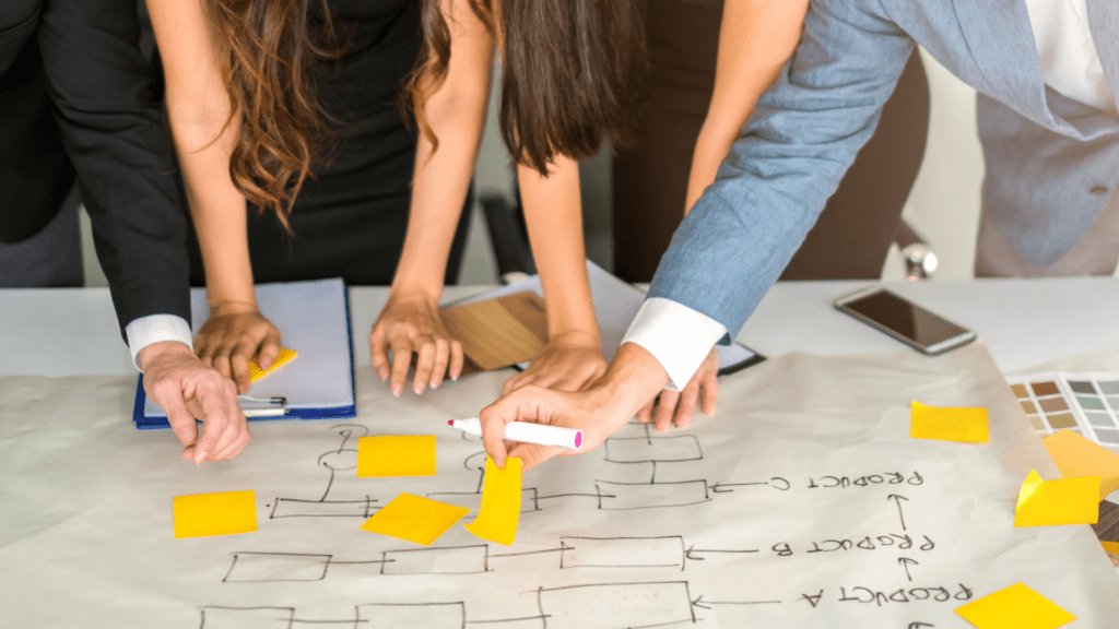 A close-up of a business team collaborating on a project, with hands placing sticky notes on a flowchart drawn on a large sheet of paper. The team is focused, and one member is holding a marker, actively contributing to the brainstorming session. This is done to show how market research is an important hard skill for product managers.